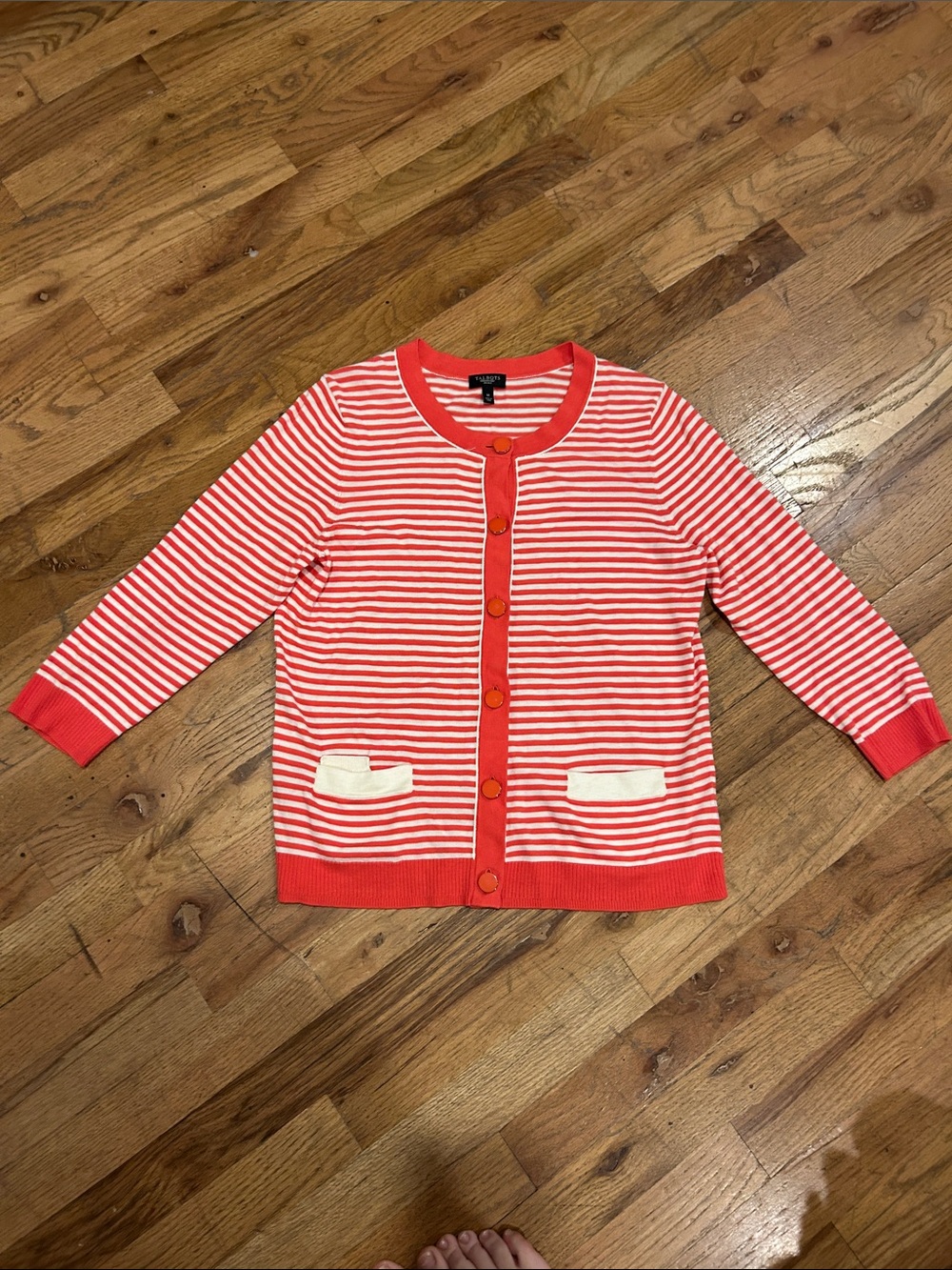 Talbots Coral and White Striped Cardigan